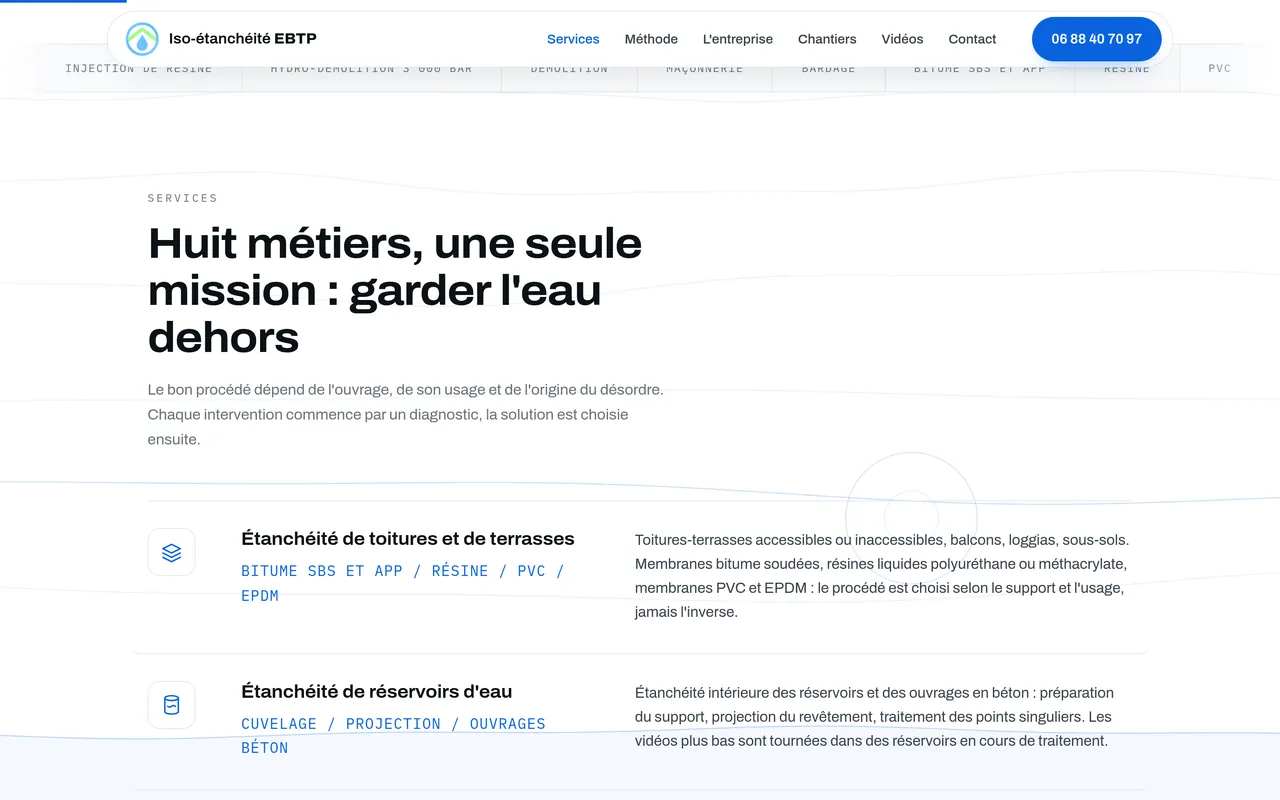 Section « Services » de l’accueil du site d’Iso-étanchéité EBTP, sur ordinateur.