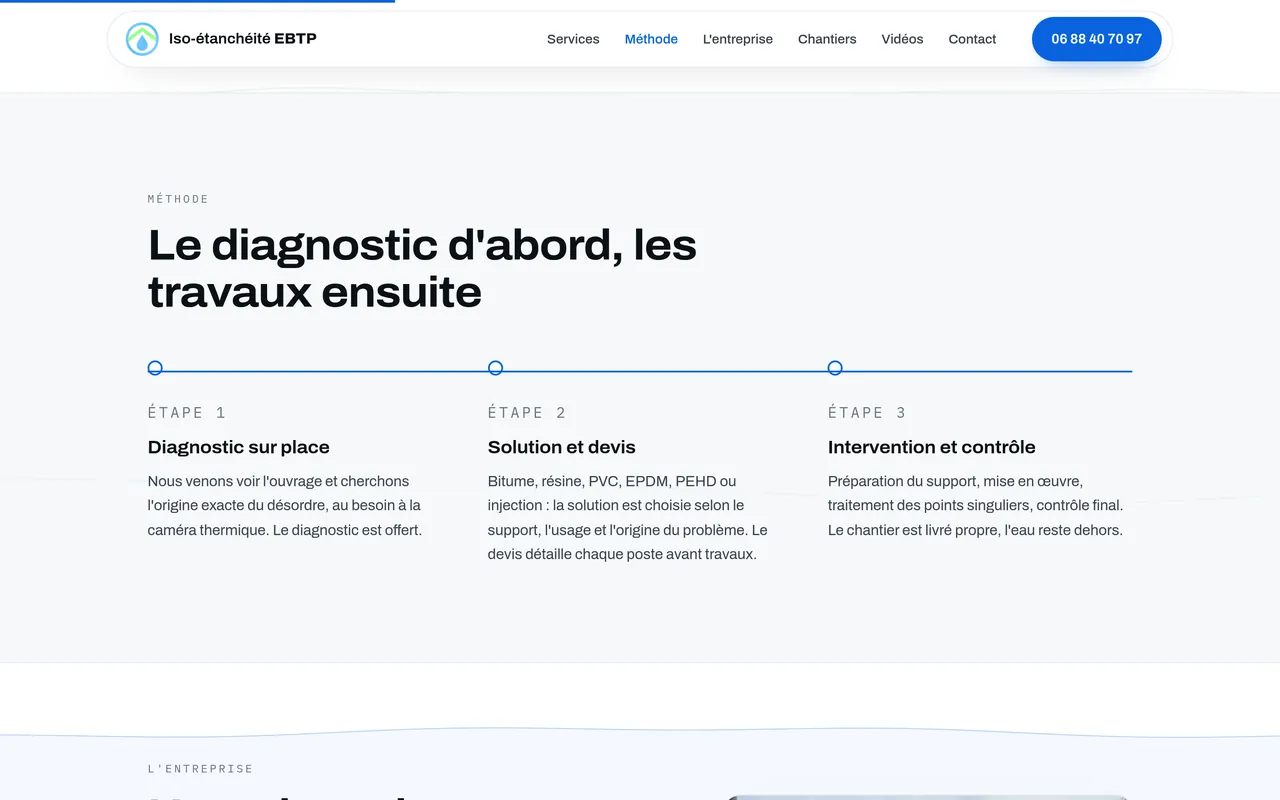 Section « Méthode » de l’accueil du site d’Iso-étanchéité EBTP, sur ordinateur.