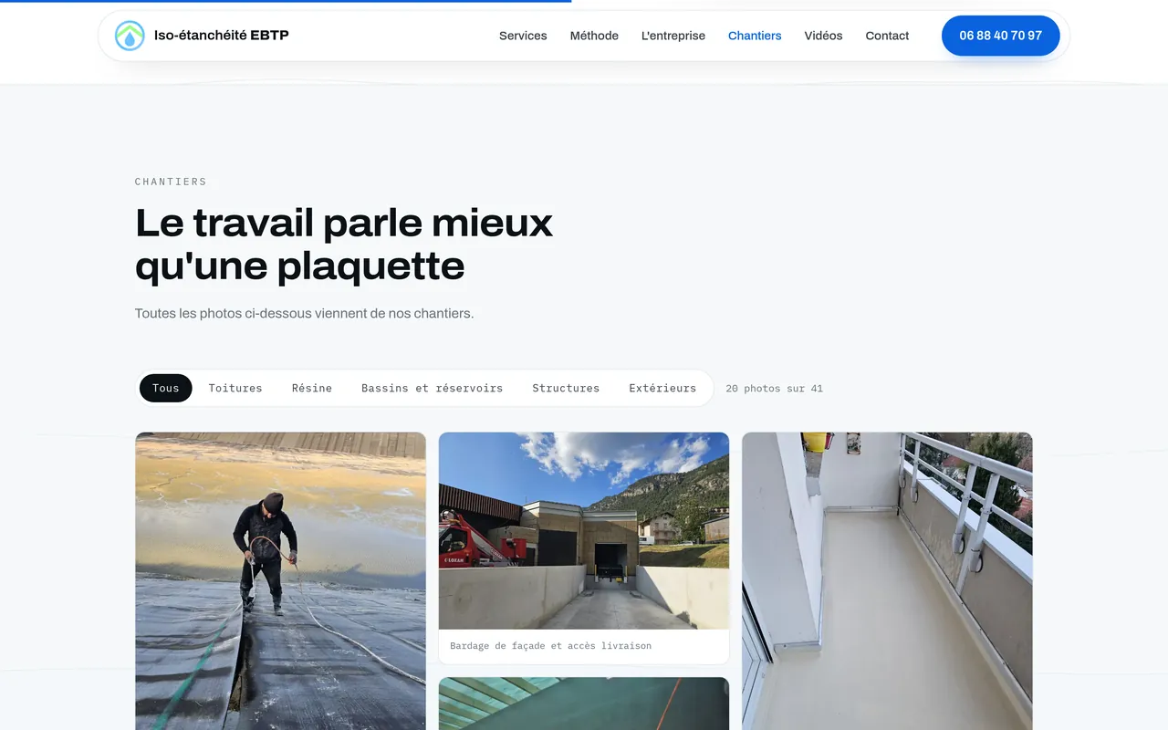 Section « Chantiers » de l’accueil du site d’Iso-étanchéité EBTP, sur ordinateur.