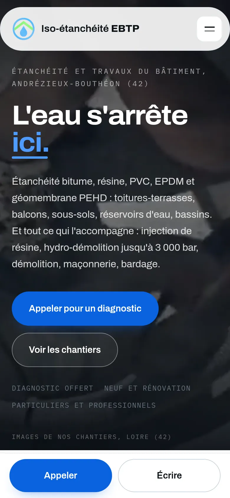Page d’accueil du site d’Iso-étanchéité EBTP, sur téléphone.