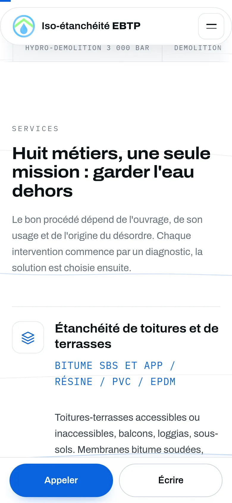 Section « Services » de l’accueil du site d’Iso-étanchéité EBTP, sur téléphone.