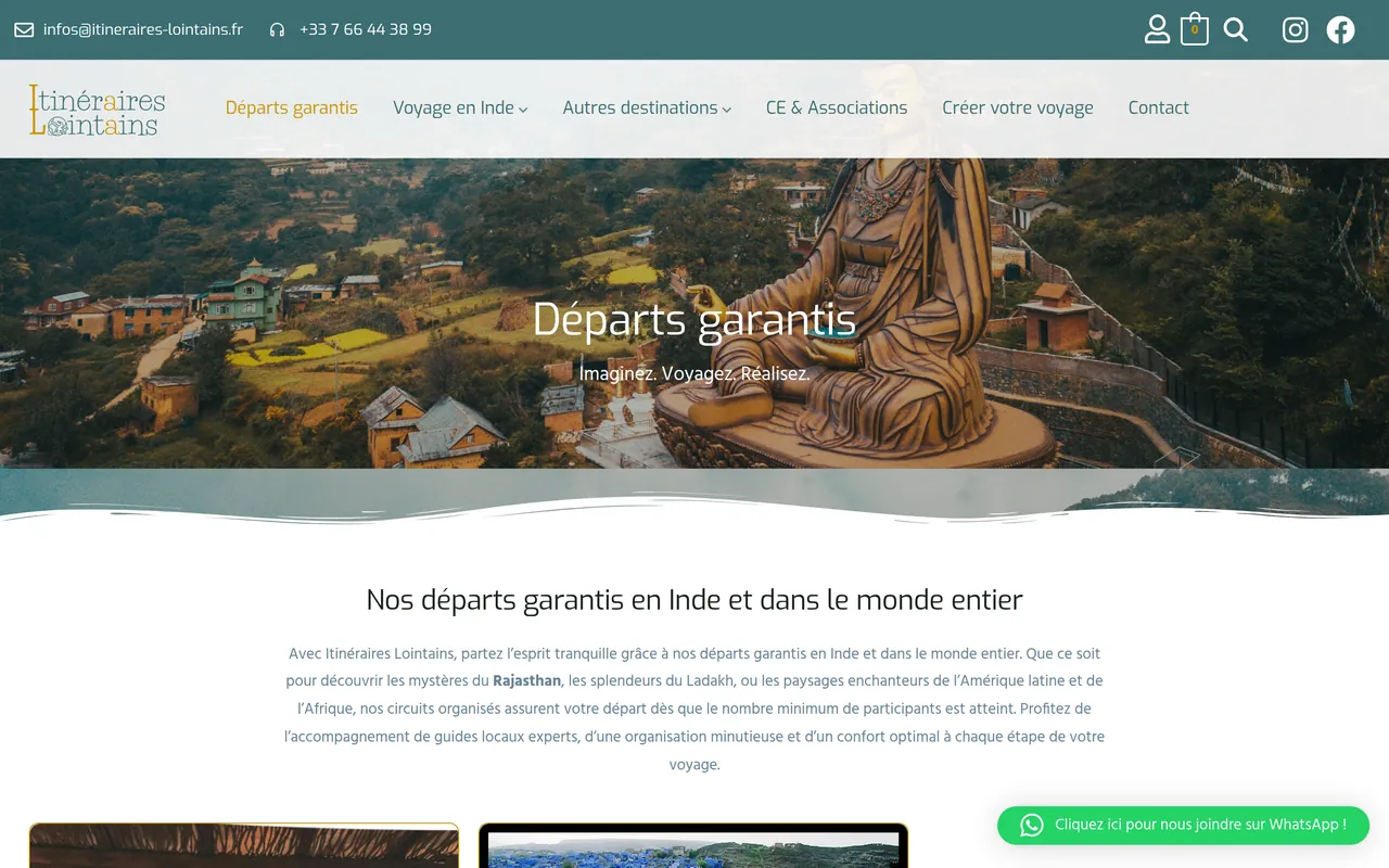 Page « Départs garantis » du site d’Itinéraires Lointains, sur ordinateur.