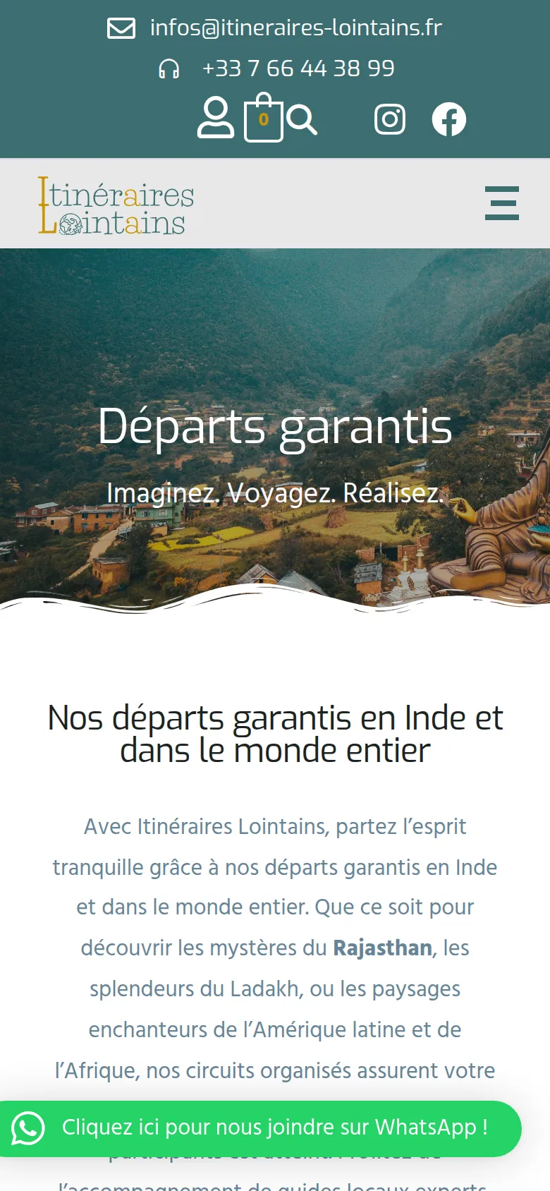 Page « Départs garantis » du site d’Itinéraires Lointains, sur téléphone.