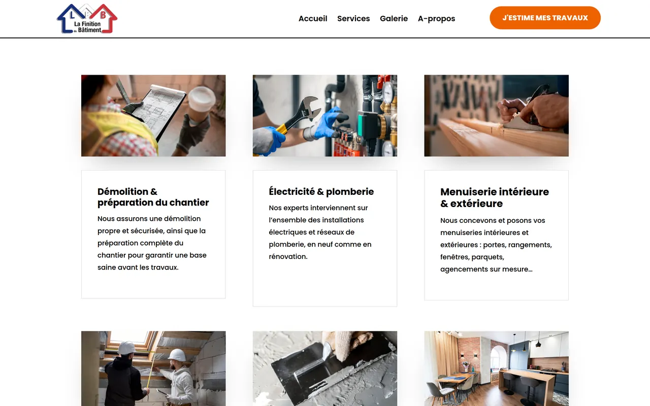 Page « Services » du site de La Finition du Bâtiment, sur ordinateur.