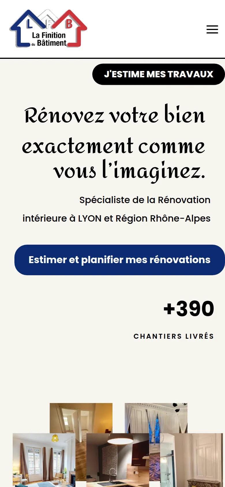 Page d’accueil du site de La Finition du Bâtiment, sur téléphone.