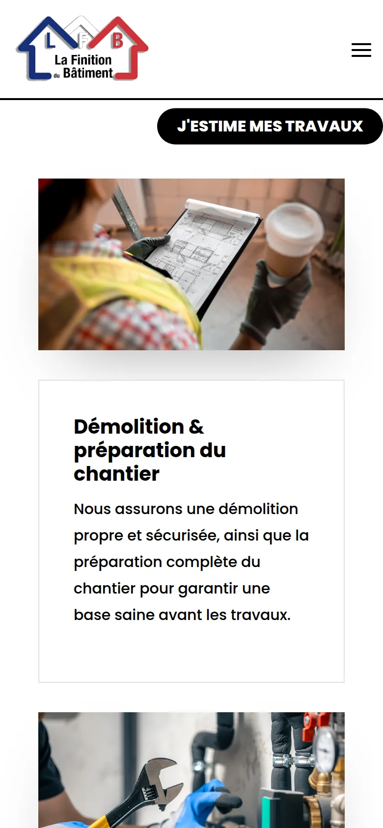 Page « Services » du site de La Finition du Bâtiment, sur téléphone.