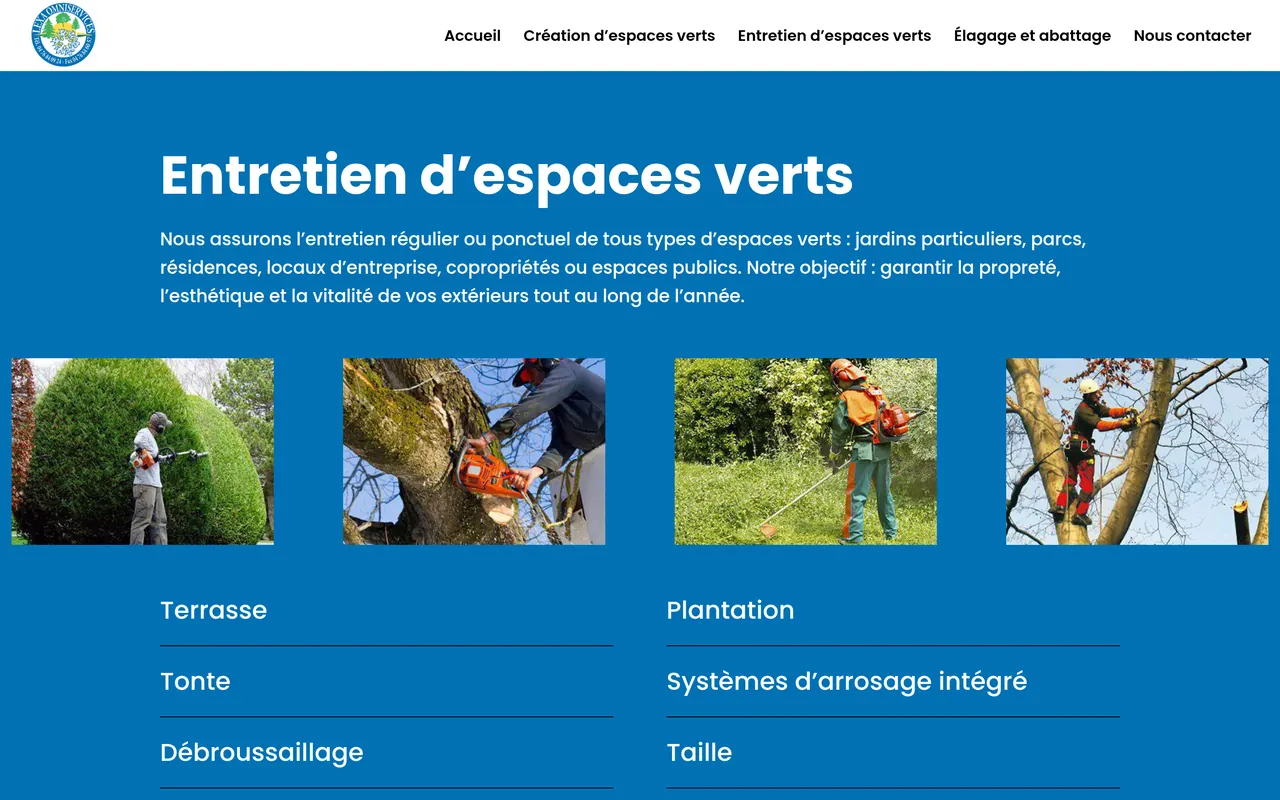 Section « Entretien d’espaces verts » de l’accueil du site de Lexa, sur ordinateur.