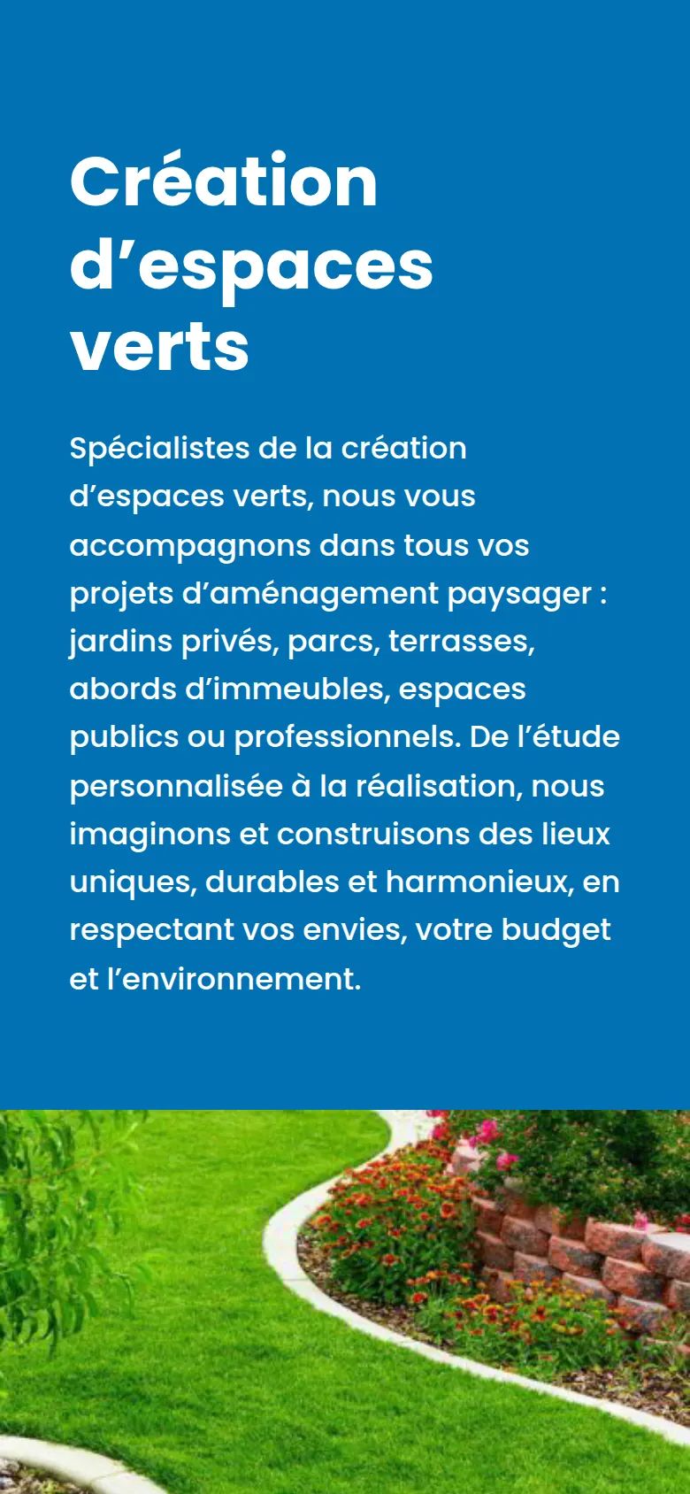 Section « Création d’espaces verts » de l’accueil du site de Lexa, sur téléphone.