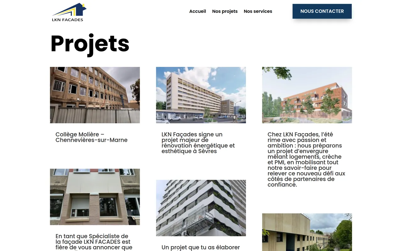 Page « Nos projets » du site de LKN Façades, sur ordinateur.