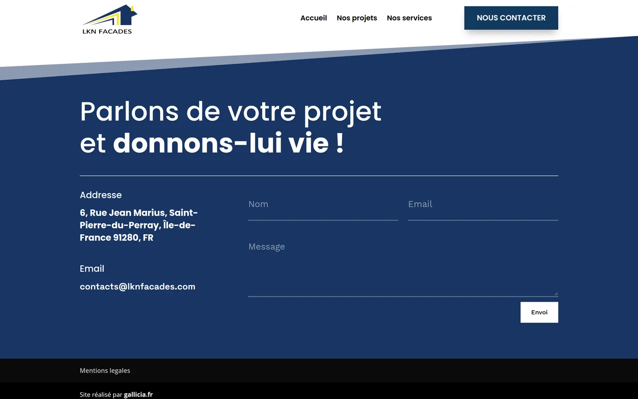 Page « Nous contacter » du site de LKN Façades, sur ordinateur.