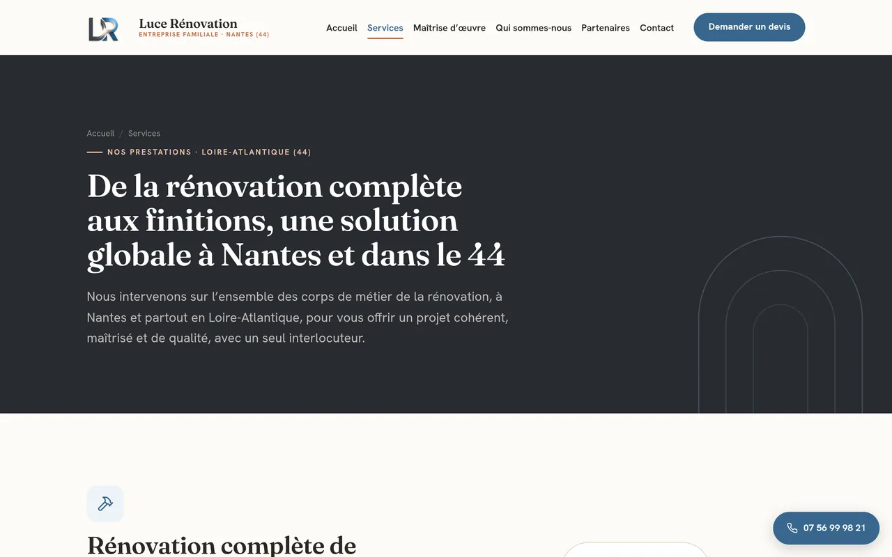 Page « Services » du site de Luce Rénovation, sur ordinateur.