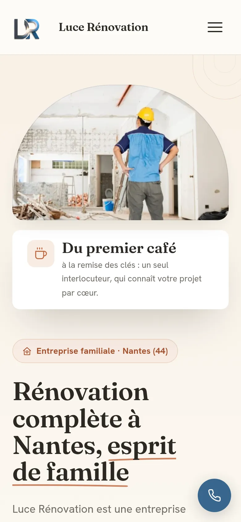 Page d’accueil du site de Luce Rénovation, sur téléphone.