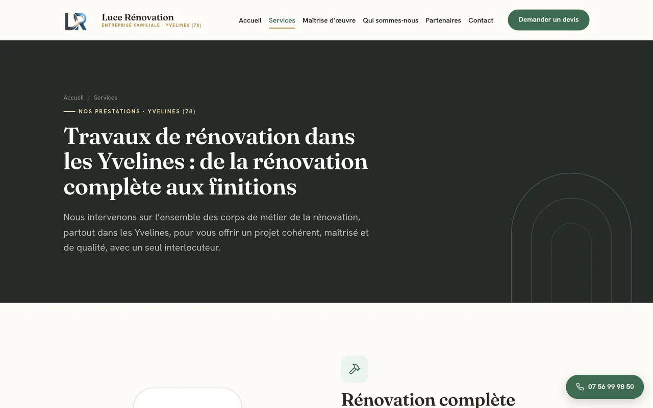 Page « Services » du site de Luce Rénovation, sur ordinateur.