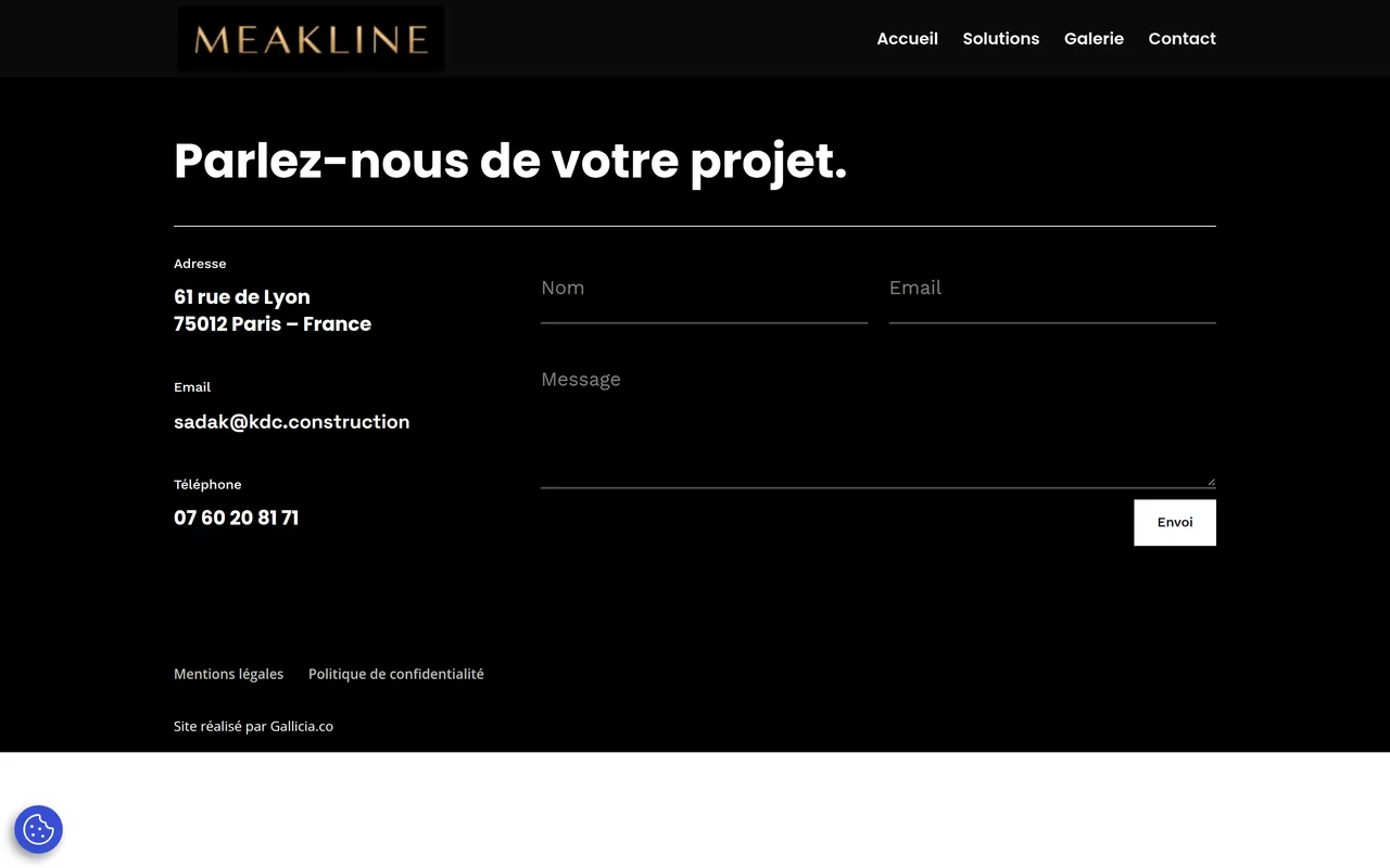 Page « Contact » du site de Meakline, sur ordinateur.