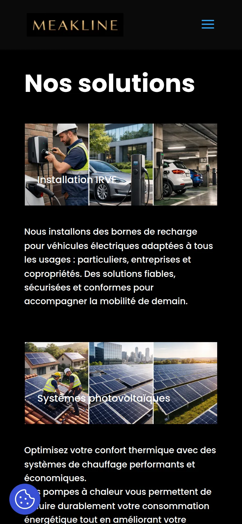 Page « Solutions » du site de Meakline, sur téléphone.