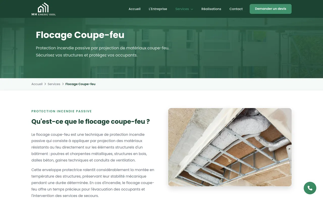 Page « Flocage Coupe-feu » du site de MH ENERG’ISOL, sur ordinateur.