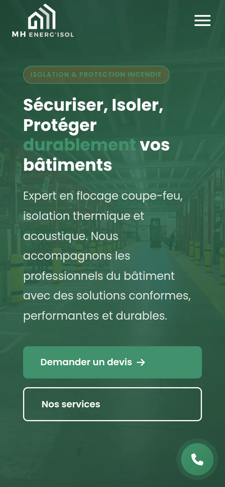 Page d’accueil du site de MH ENERG’ISOL, sur téléphone.