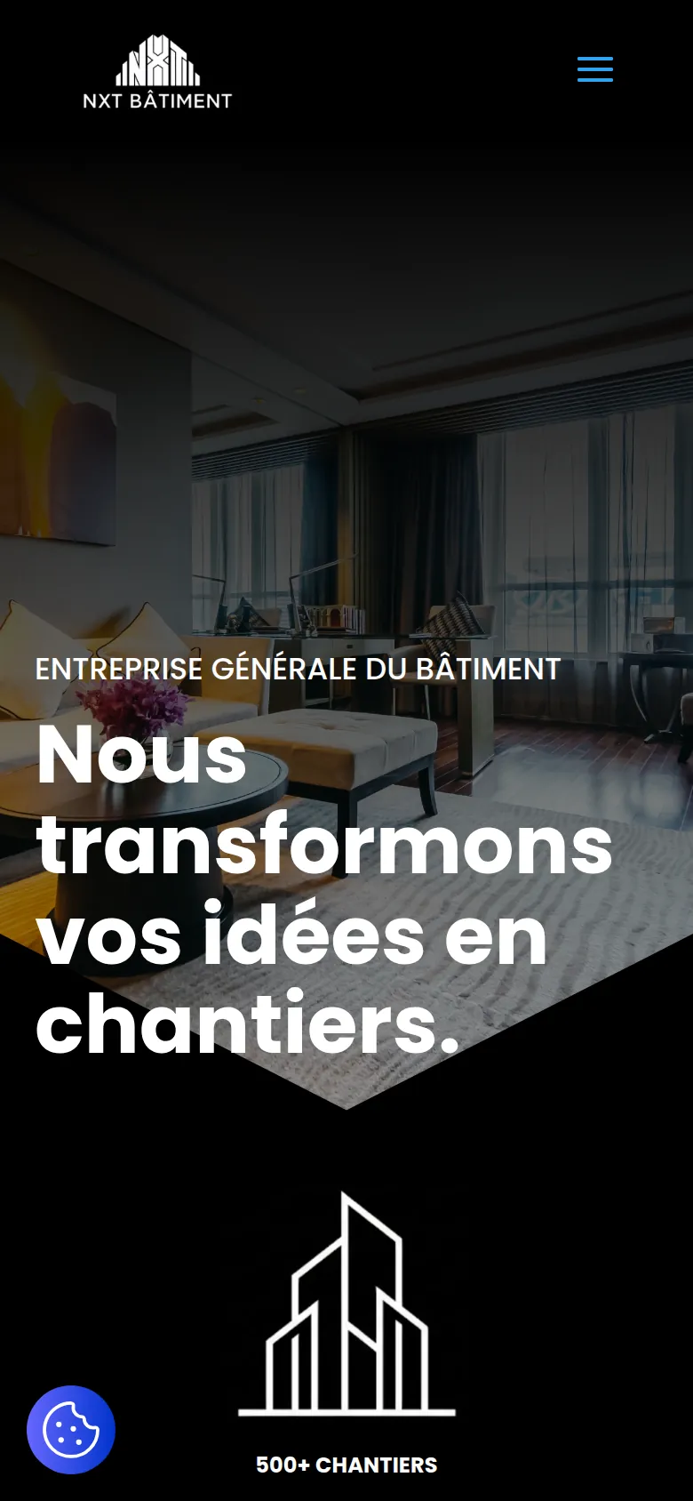 Page d’accueil du site de NXT Bâtiment, sur téléphone.