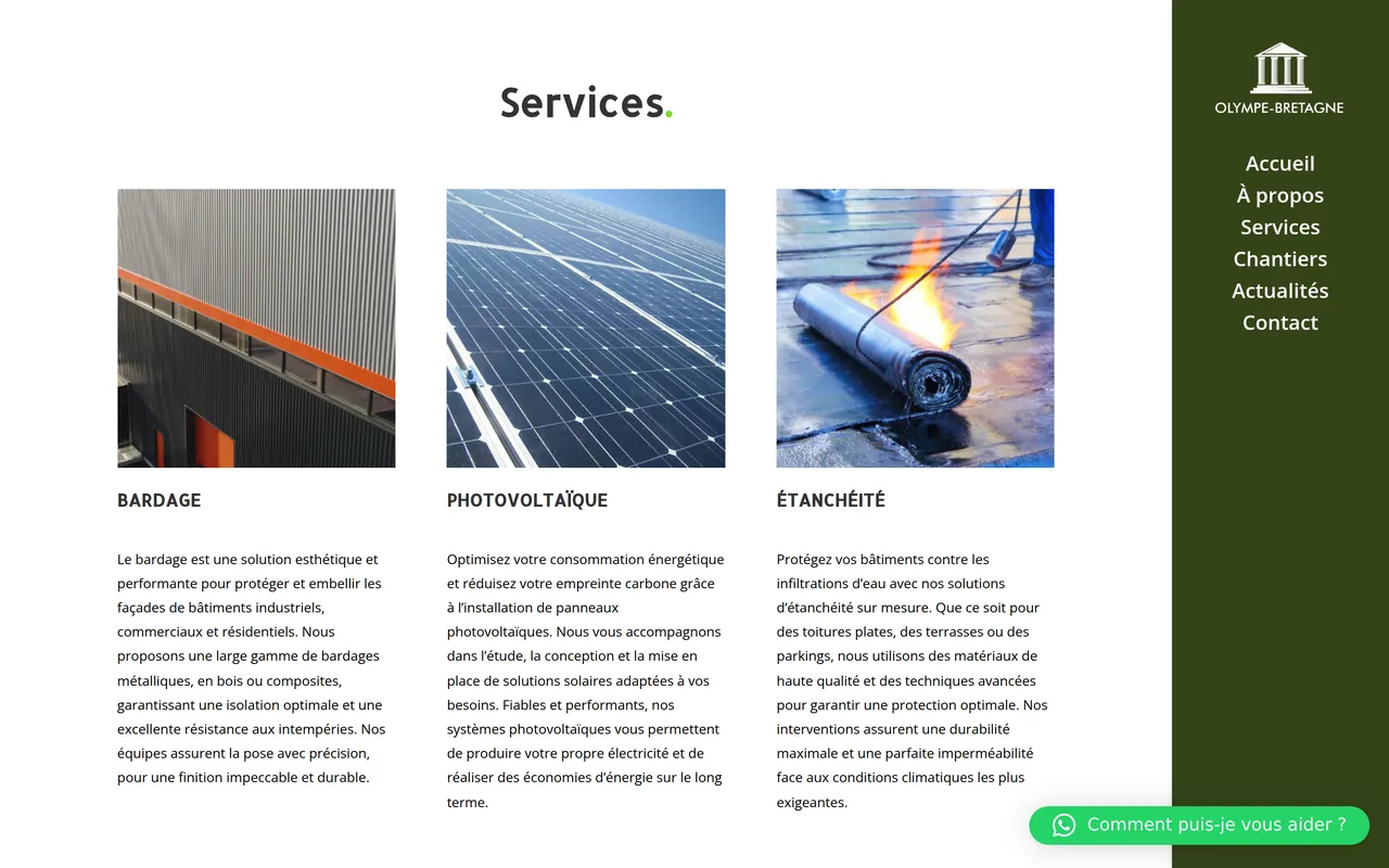 Section « Services » de l’accueil du site d’Olympe, sur ordinateur.