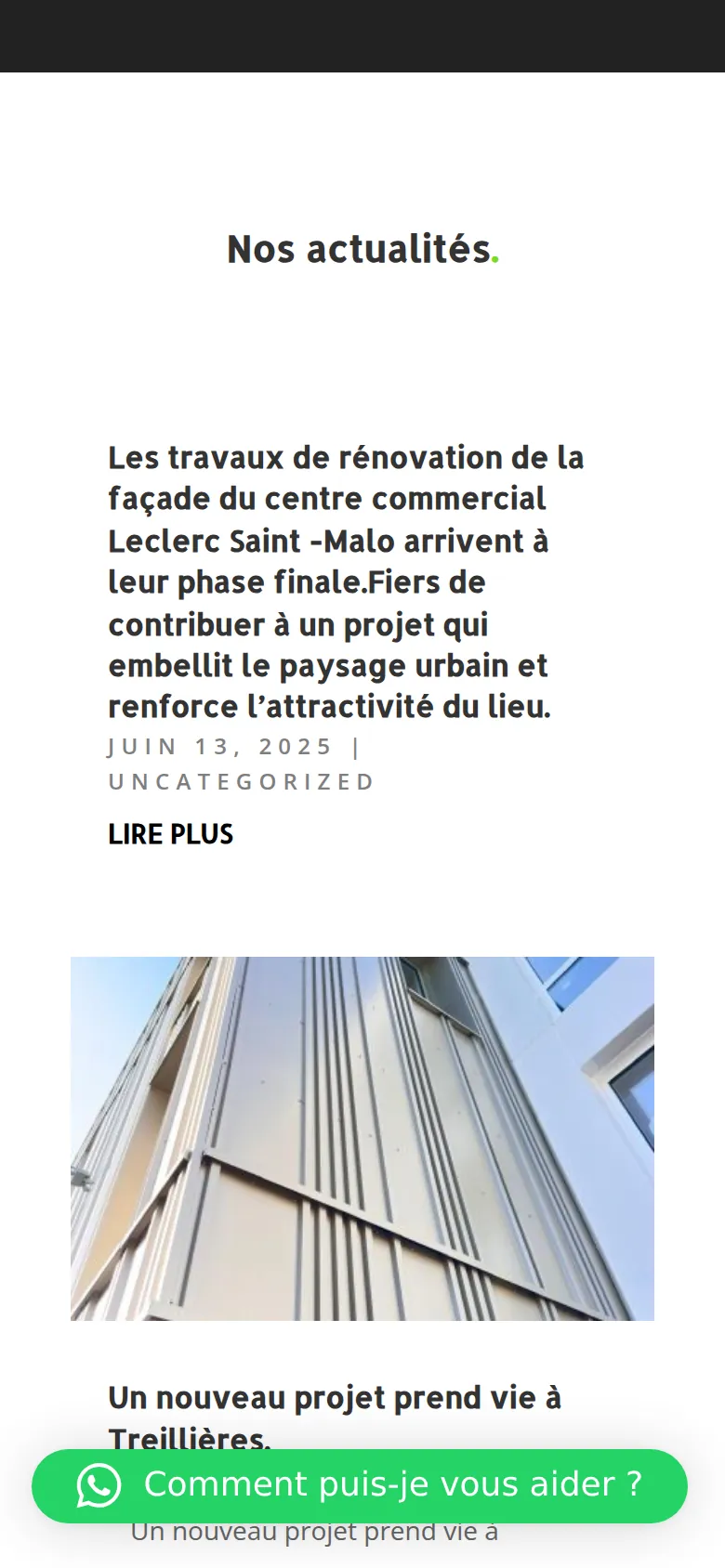 Page « Nos actualités » du site d’Olympe, sur téléphone.