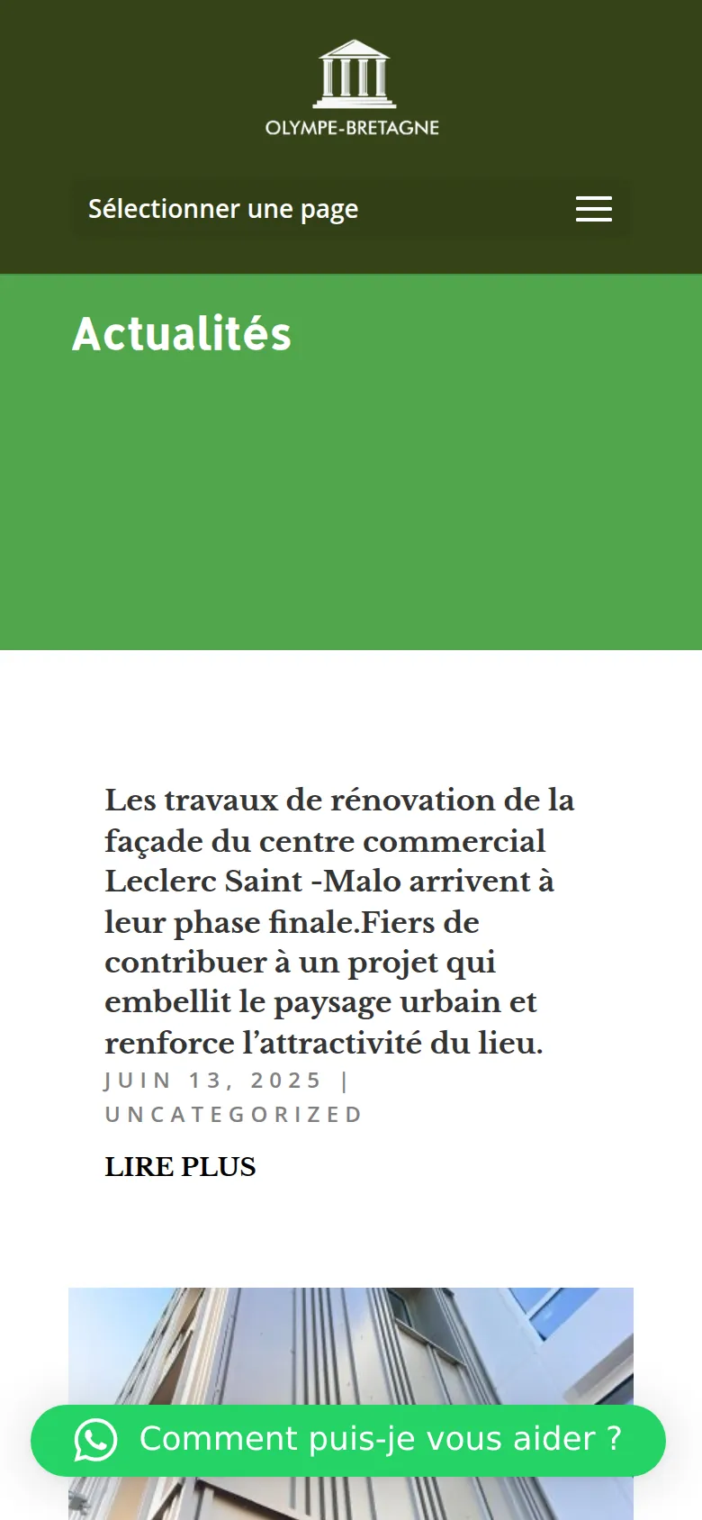 Page « Actualités » du site d’Olympe, sur téléphone.