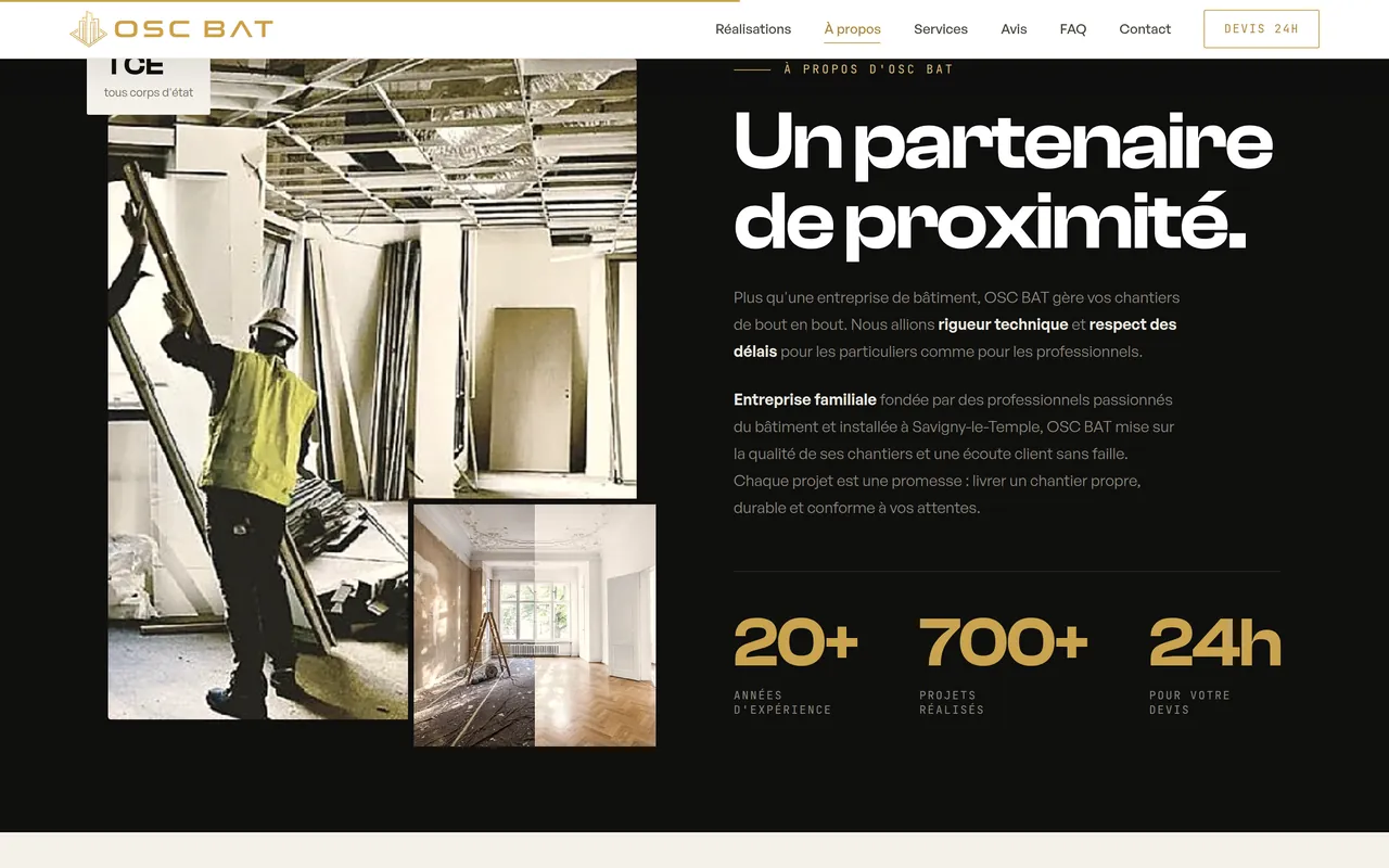Section « À propos » de l’accueil du site d’OSC BAT, sur ordinateur.