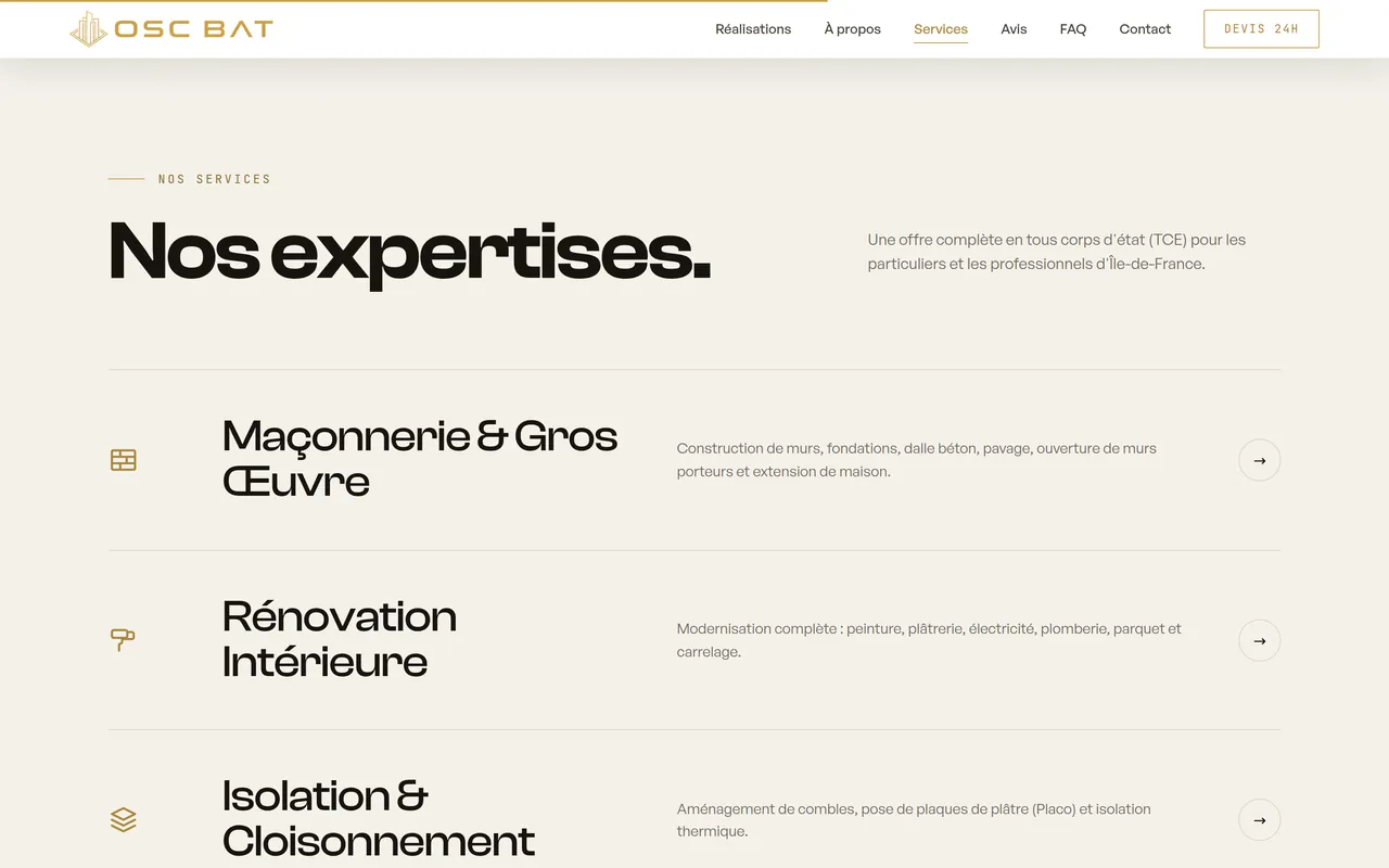 Section « Services » de l’accueil du site d’OSC BAT, sur ordinateur.