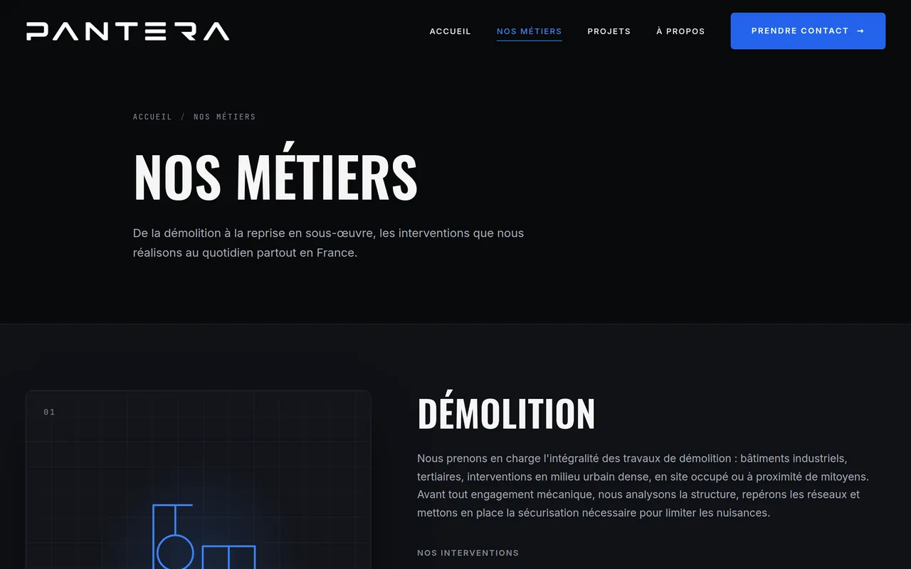 Page « Nos métiers » du site de Pantera TS, sur ordinateur.