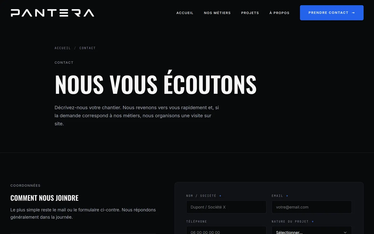 Page « Prendre contact » du site de Pantera TS, sur ordinateur.