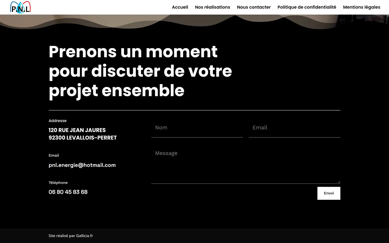 Section « Nous contacter » de l’accueil du site de PNL Energie, sur ordinateur.