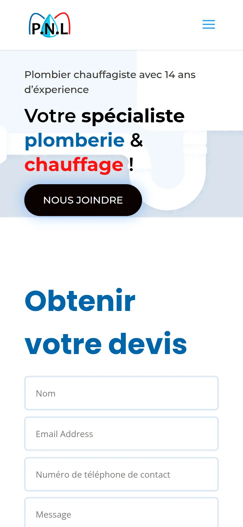 Page d’accueil du site de PNL Energie, sur téléphone.