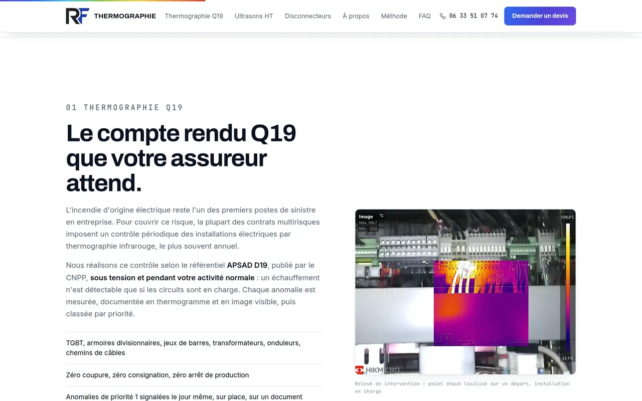 Section « Thermographie Q19 » de l’accueil du site de RF Thermographie, sur ordinateur.