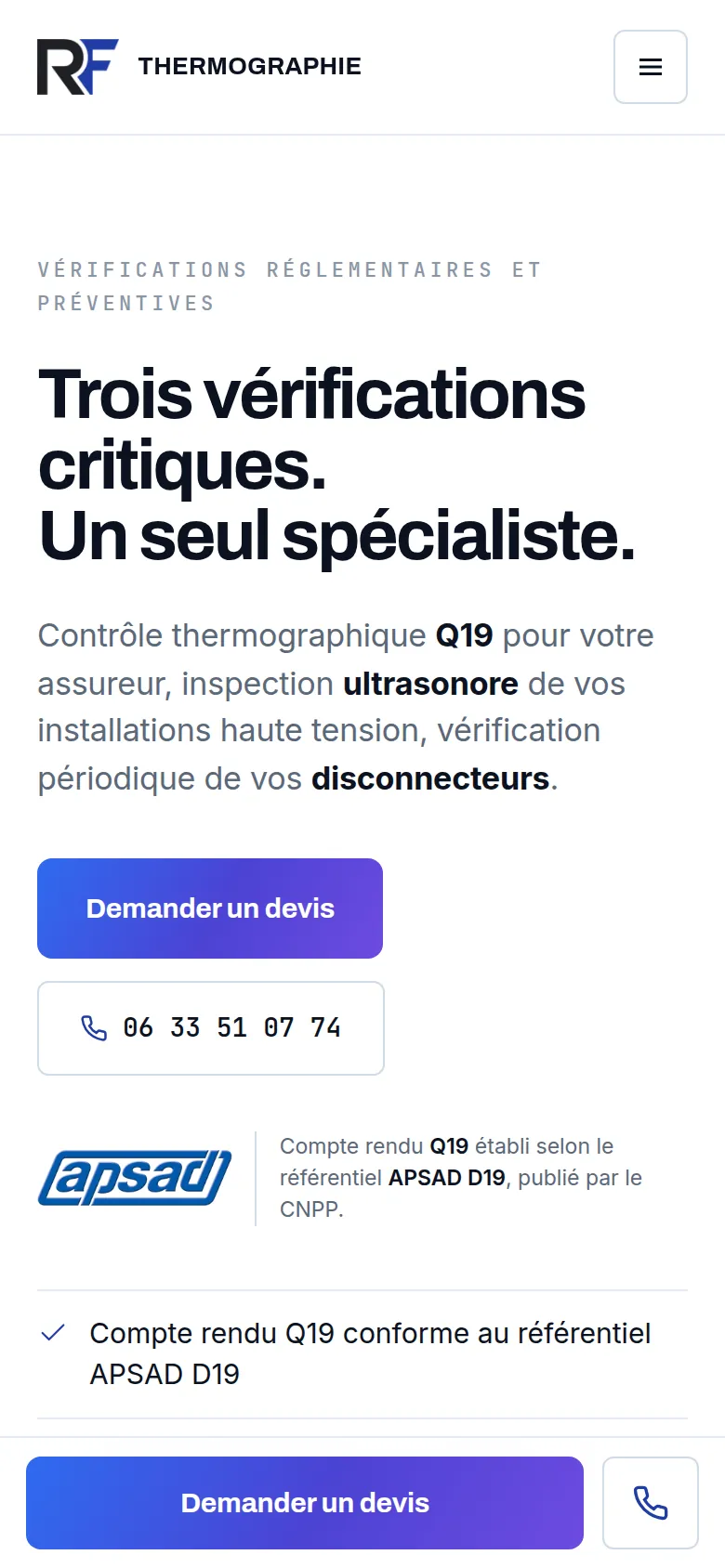 Page d’accueil du site de RF Thermographie, sur téléphone.