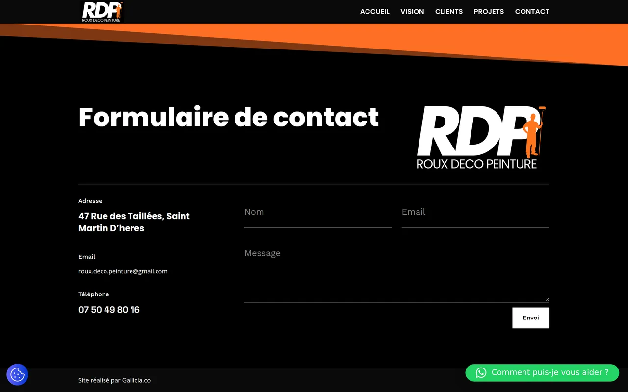 Section « Contact » de l’accueil du site de Roux Deco Peinture, sur ordinateur.