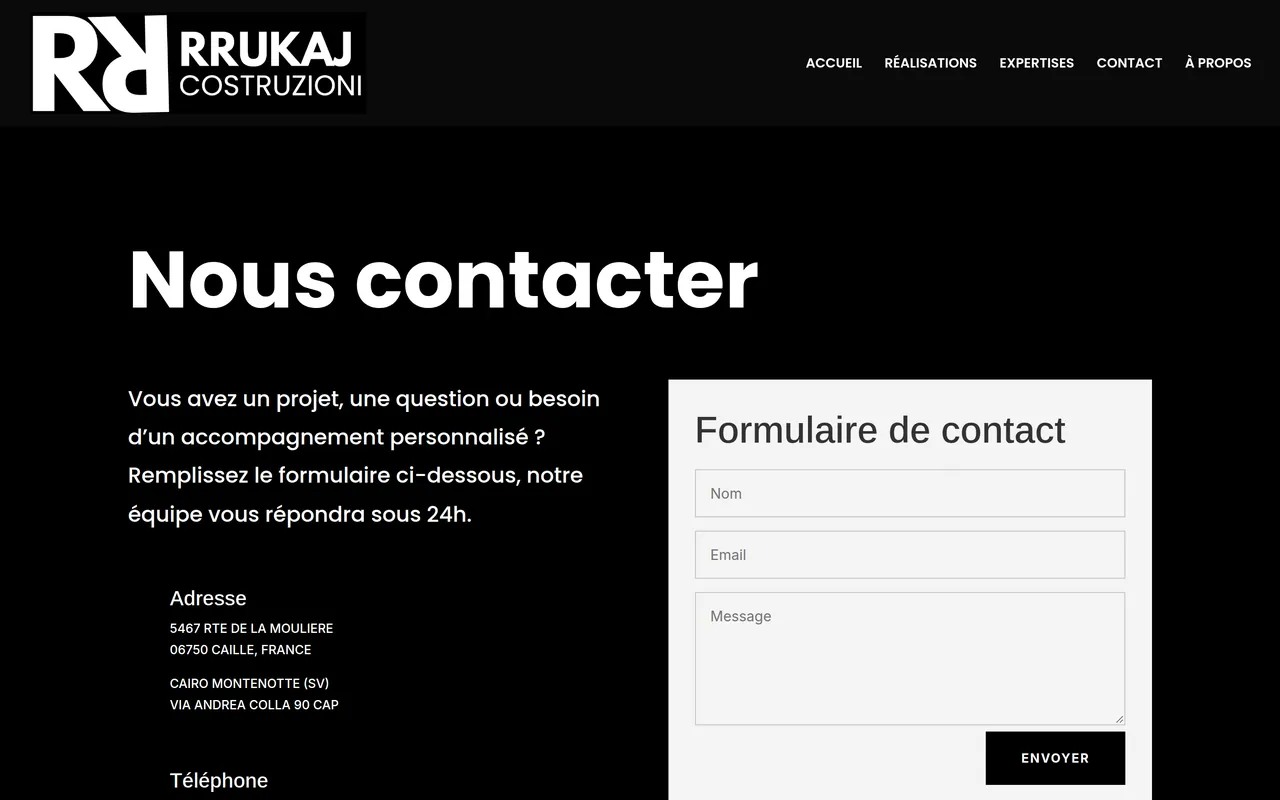 Page « Contact » du site de Rrukaj Costruzioni, sur ordinateur.