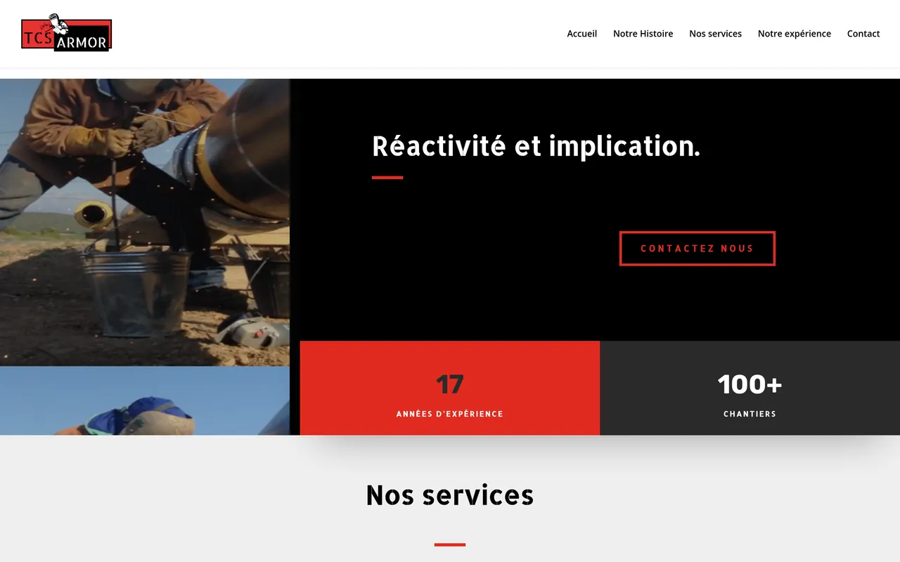Section « Notre Histoire » de l’accueil du site de TCS Armor, sur ordinateur.