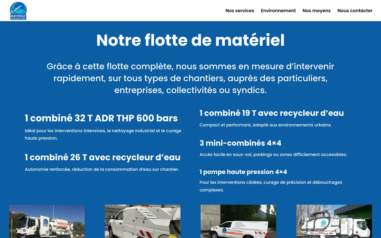 Section « Nos moyens » de l’accueil du site de Dauphiné Assainissement, sur ordinateur.