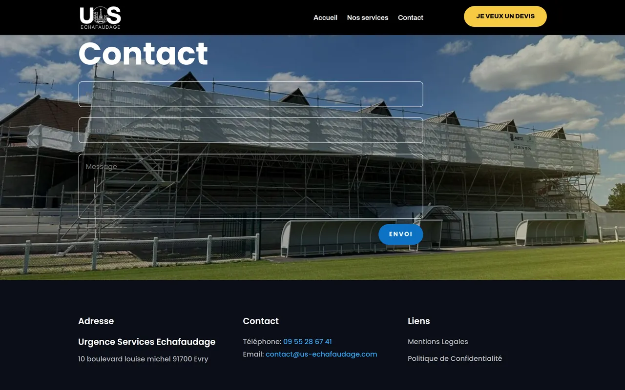 Section « Contact » de l’accueil du site d’US Échafaudage, sur ordinateur.