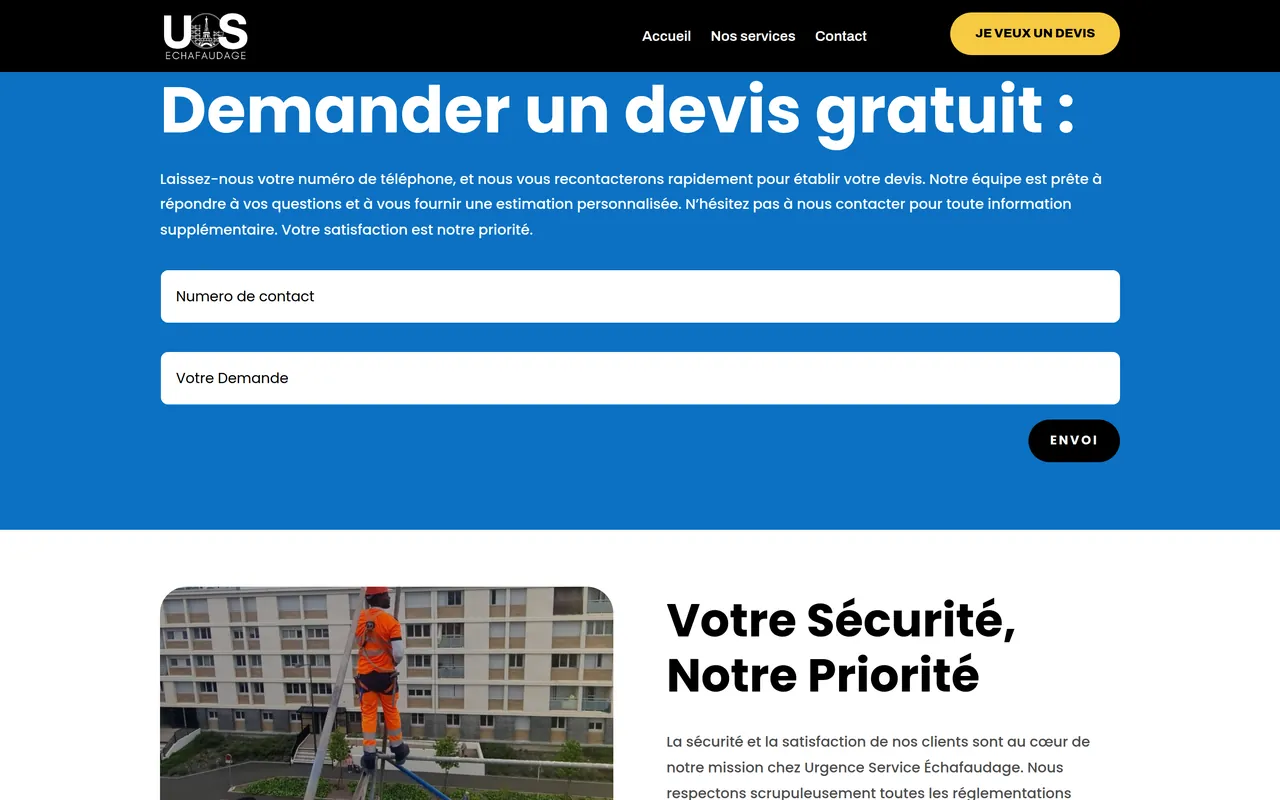 Section « Je veux un devis » de l’accueil du site d’US Échafaudage, sur ordinateur.