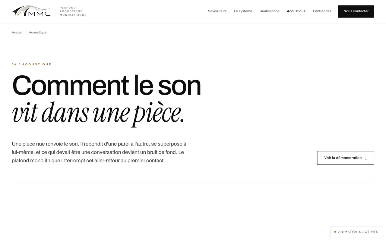 Page « Acoustique » du site de MMC Agencement, sur ordinateur.