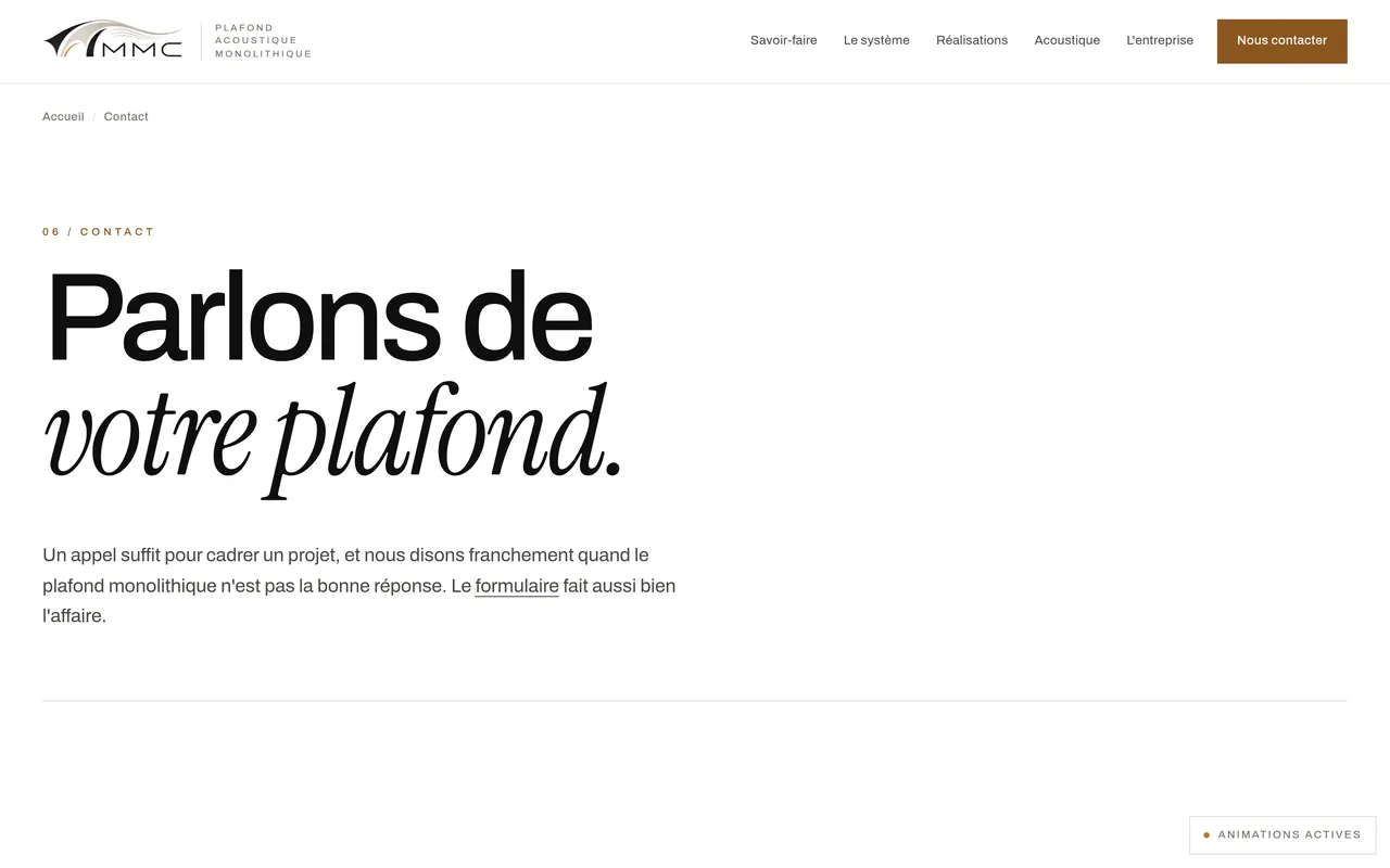 Page « Nous contacter » du site de MMC Agencement, sur ordinateur.