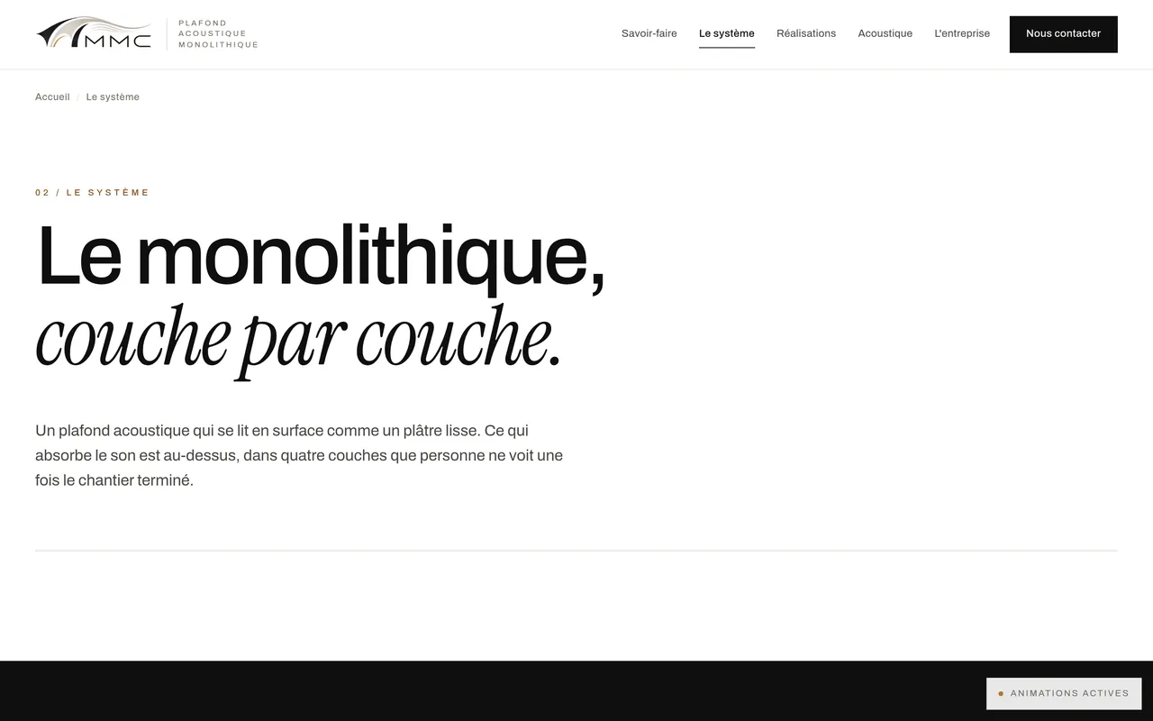 Page « Le système » du site de MMC Agencement, sur ordinateur.