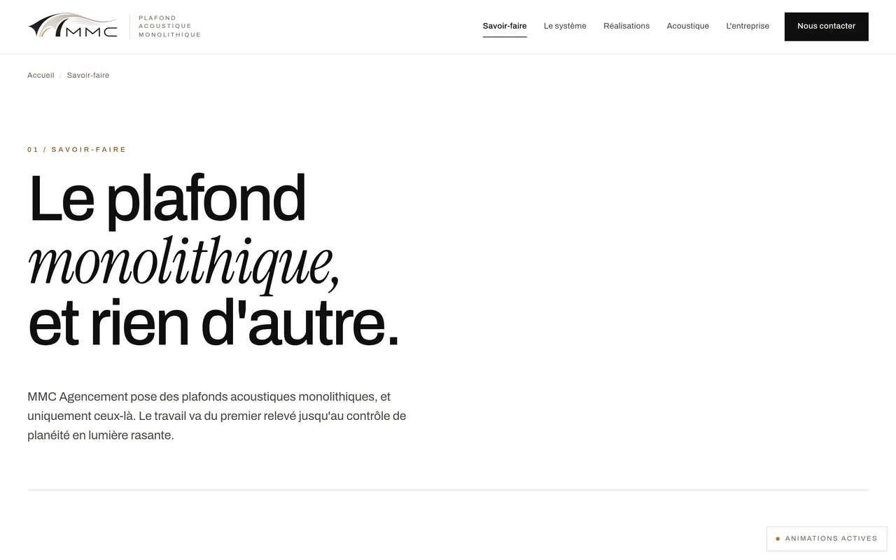 Page « Savoir-faire » du site de MMC Agencement, sur ordinateur.