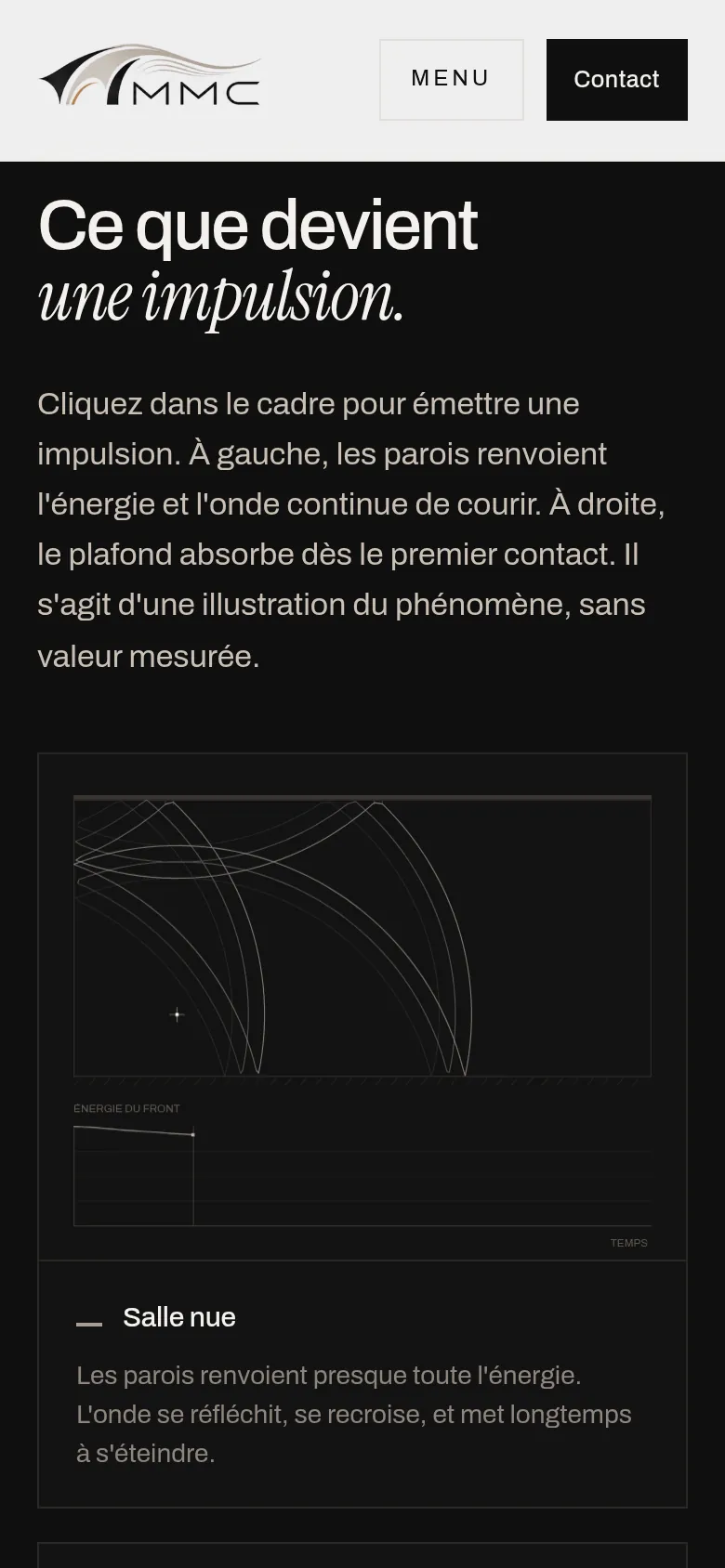 Section « Démonstration » de la page « Acoustique » du site de MMC Agencement, sur téléphone.
