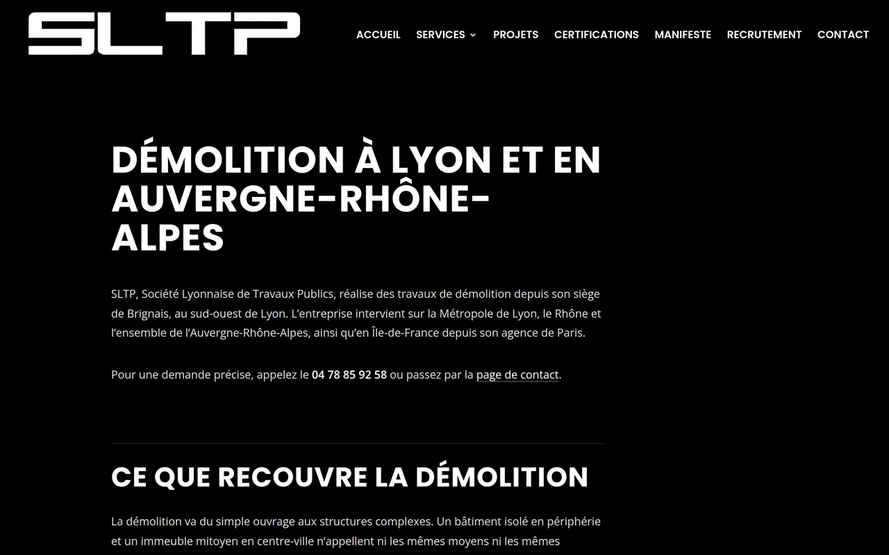 Page « Démolition » du site de SLTP, sur ordinateur.