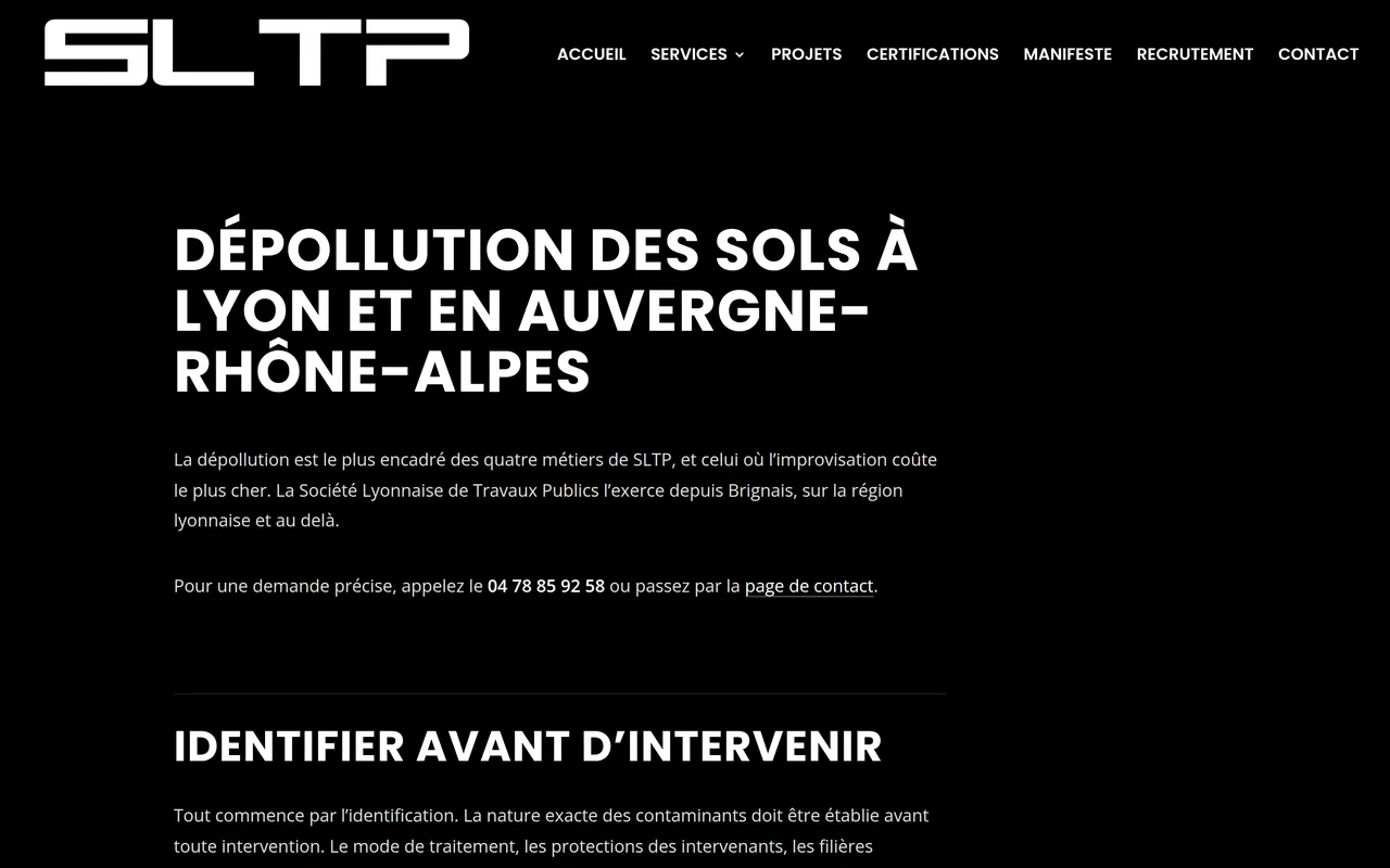 Page « Dépollution » du site de SLTP, sur ordinateur.