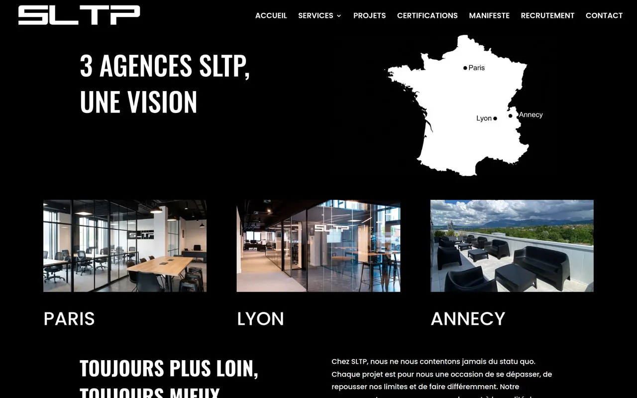 Section « 3 agences SLTP, une vision » de l’accueil du site de SLTP, sur ordinateur.