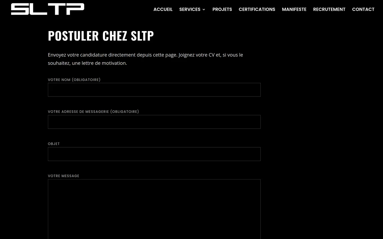 Section « Postuler chez SLTP » de la page « Recrutement » du site de SLTP, sur ordinateur.