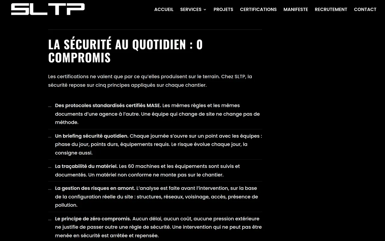 Section « La sécurité au quotidien » de la page « Certifications » du site de SLTP, sur ordinateur.