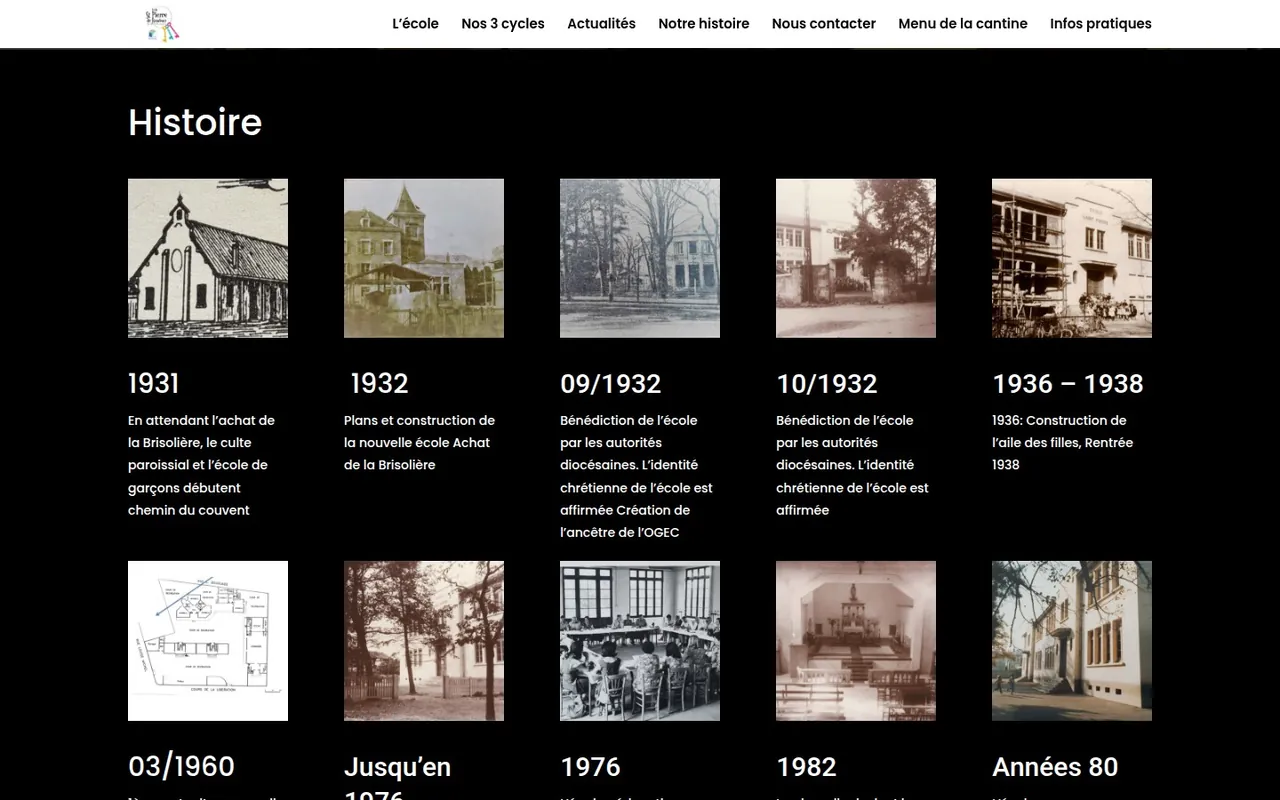 Section « Histoire » de l’accueil du site de l’école Saint-Pierre du Rondeau, sur ordinateur.